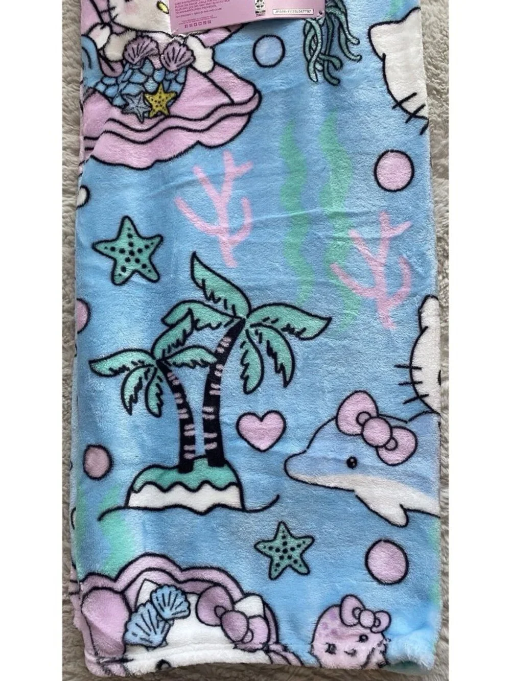 Hello Kitty Mermaid Dolphin Jellyfish Soft Throw Blanket Blue Pink 50” X 70” NEW